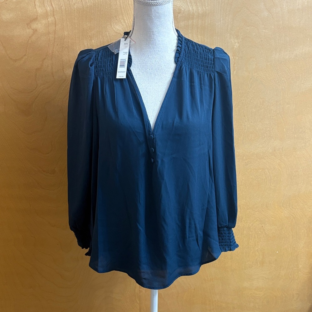 NWT Tahari Long Sleeve Dark Teal Blouse Size M
